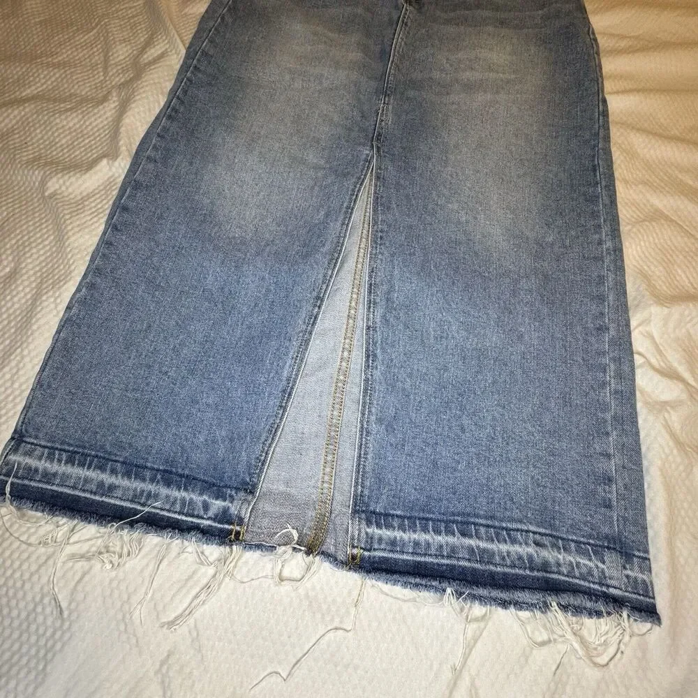 SANCTUARY Light Blue High Rise Front Slit Midi Denim Jean Skirt Raw Hem Size 28